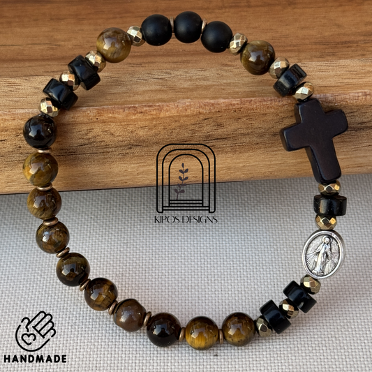 6mm Tiger Eye Rosary Bracelet with Black Onyx and Bronze accents | Customized Catholic Saint Medal