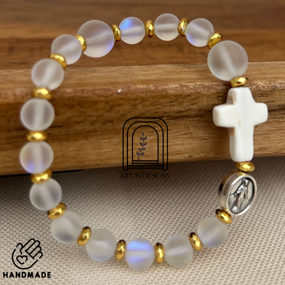 6mm Rainbow Glass Opal Rosary Bracelet with Bright Gold & White Turquoise | Customized Catholic Saint Medal