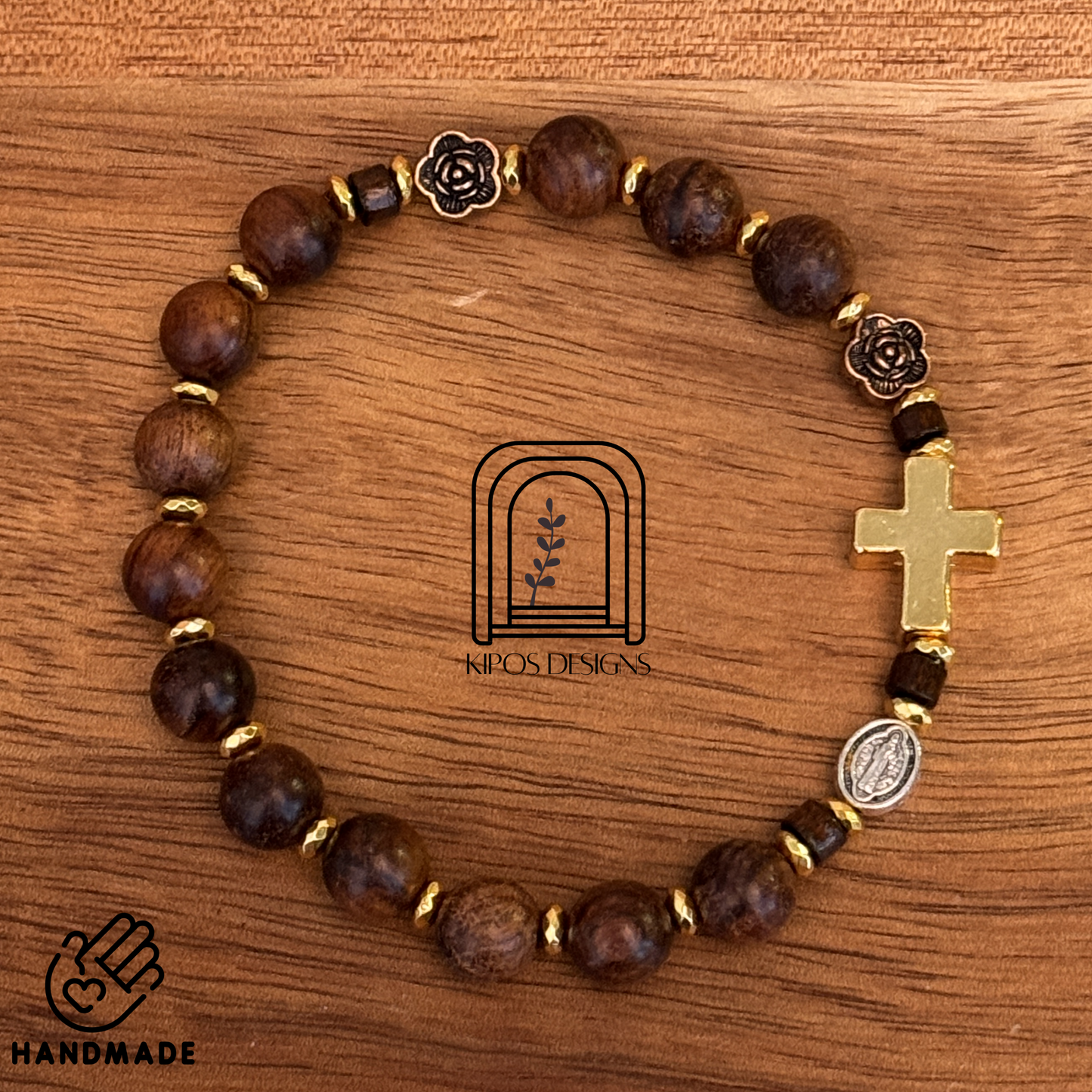 Rosewood Rosary Bracelet with Gold Accents & Bronze Roses | Customized Catholic Saint Medal