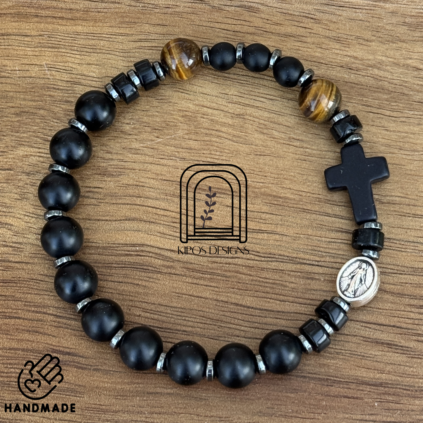 Black Onyx Rosary Bracelet with Tiger Eye & Hematite | Customized Catholic Saint Medal