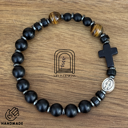 Black Onyx Rosary Bracelet with Tiger Eye & Hematite | Customized Catholic Saint Medal