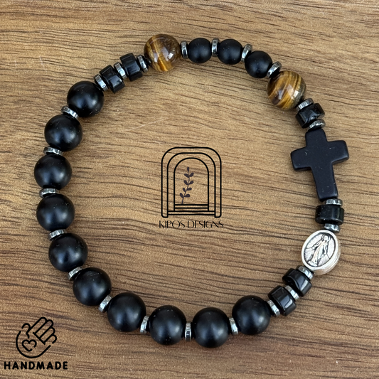 Black Onyx Rosary Bracelet with Tiger Eye & Hematite | Customized Catholic Saint Medal