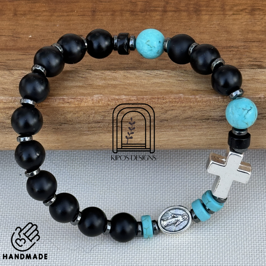 Black Onyx Rosary Bracelet with Turquoise & Hematite | Customized Catholic Saint Medal