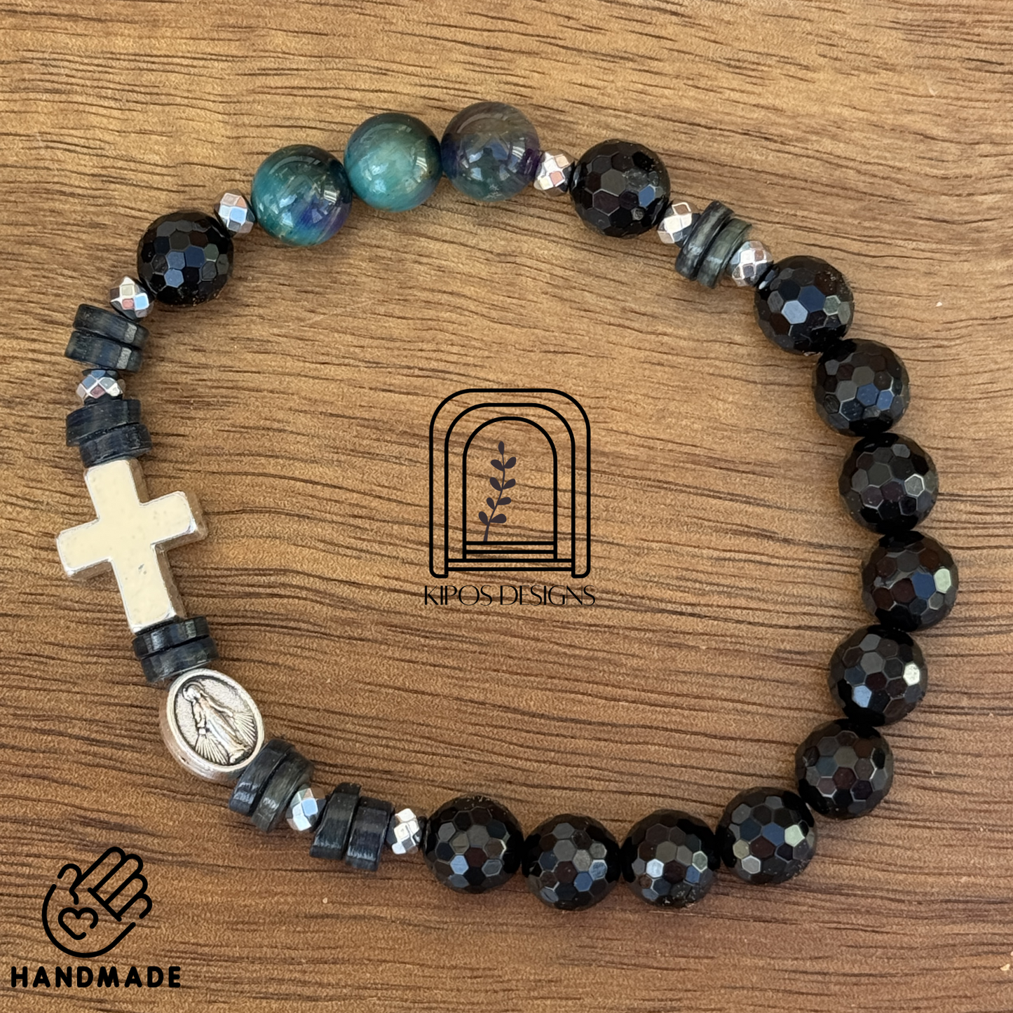 Galaxy Tiger Eye Rosary Bracelet with Faceted Black Onyx & Silver | Customized Catholic Saint Medal