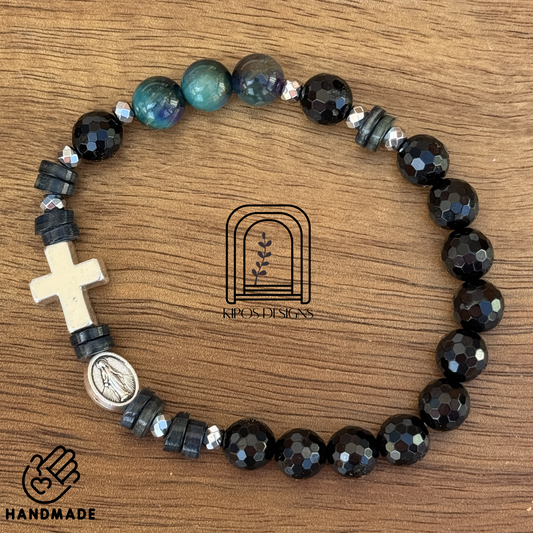Galaxy Tiger Eye Rosary Bracelet with Faceted Black Onyx & Silver | Customized Catholic Saint Medal