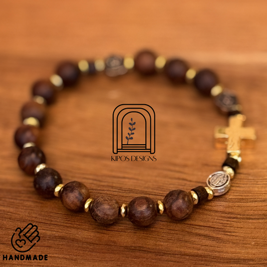 Rosewood Rosary Bracelet with Gold Accents & Bronze Roses | Customized Catholic Saint Medal