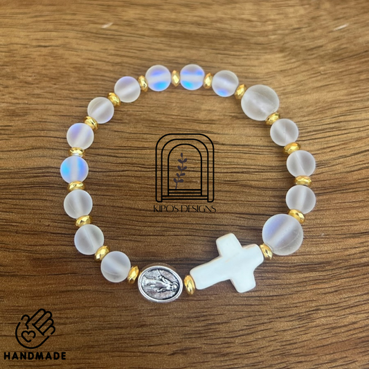 6mm Rainbow Glass Opal Rosary Bracelet with Bright Gold & White Turquoise | Customized Catholic Saint Medal
