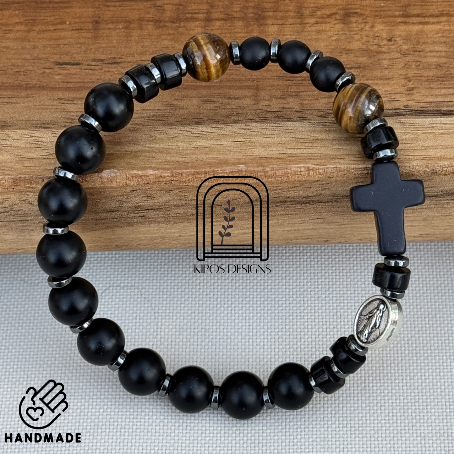 Black Onyx Rosary Bracelet with Tiger Eye & Hematite | Customized Catholic Saint Medal