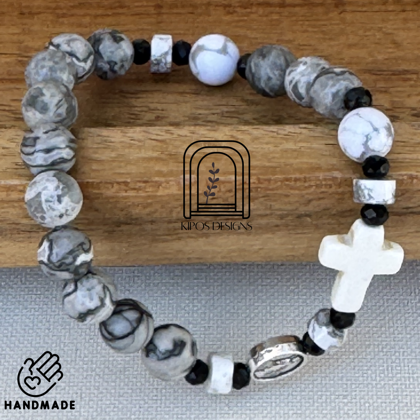 Marbled Grey & White Jasper Bracelet with White Accents | Customized Catholic Saint Medal