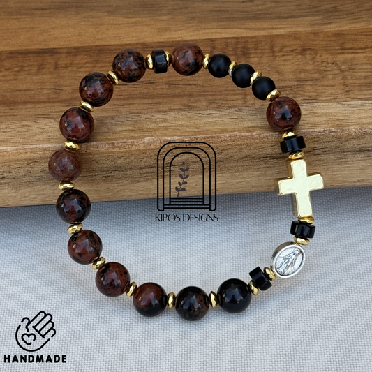 Mahogany Obsidian Rosary Bracelet with Black Onyx & Gold Accents | Customized Catholic Saint Medal