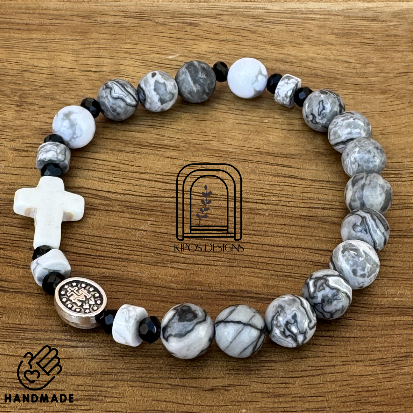 Marbled Grey & White Jasper Bracelet with White Accents | Customized Catholic Saint Medal