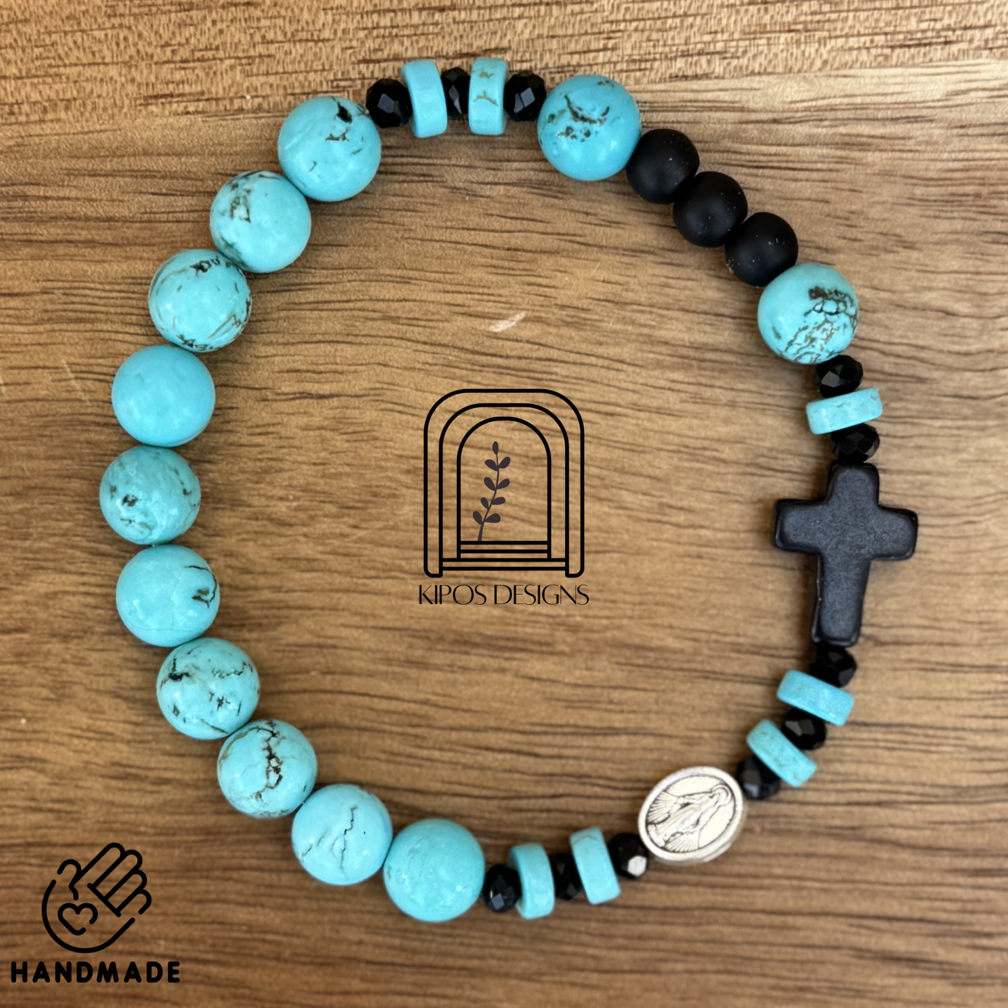 Turquoise Rosary Bracelet with Black Onyx & Faceted Glass Accents | Customized Catholic Saint Medal