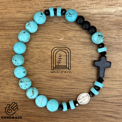Turquoise Rosary Bracelet with Black Onyx & Faceted Glass Accents | Customized Catholic Saint Medal