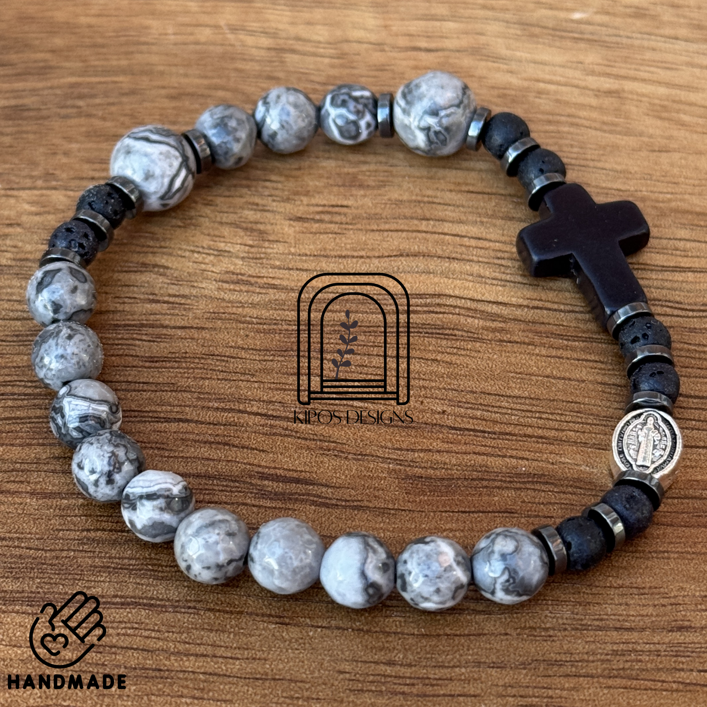 6mm Marbled Grey & White Jasper Rosary Bracelet with Black Accents | Customized Catholic Saint Medal
