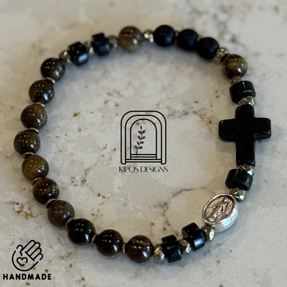 6mm Tiger Eye Rosary Bracelet with Black Onyx and Bronze accents | Customized Catholic Saint Medal