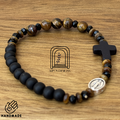 6mm Black Onyx Rosary Bracelet with Tiger Eye & Faceted Spacers | Customized Catholic Saint Medal