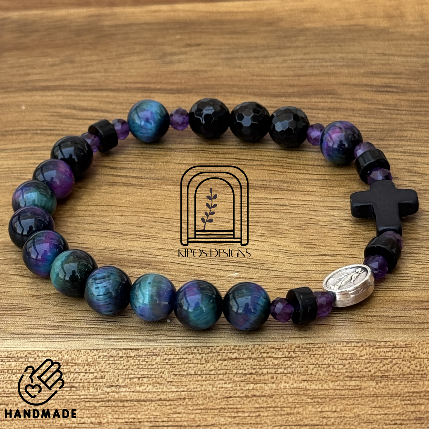 Galaxy Tiger Eye Rosary Bracelet with Faceted Black Onyx & Genuine Amethyst | Customized Catholic Saint Medal