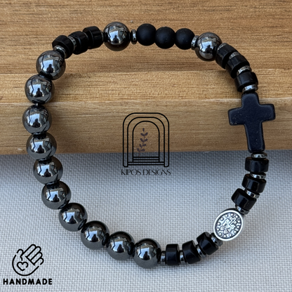 Hematite Rosary Bracelet with Black Onyx & Hematite Spacers | Customized Catholic Saint Medal