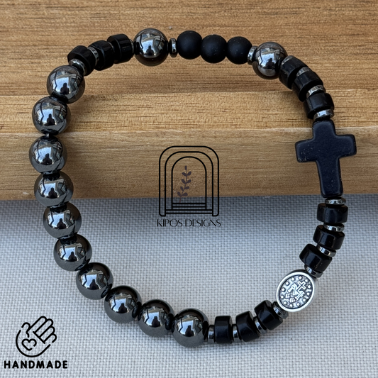 Hematite Rosary Bracelet with Black Onyx & Hematite Spacers | Customized Catholic Saint Medal