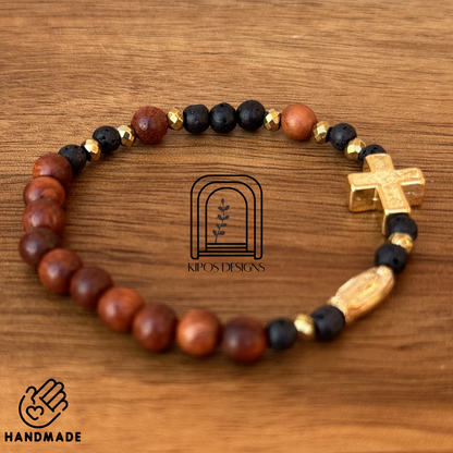 6mm Rosewood Rosary Bracelet with Black Obsidian and Gold accents | Customized Catholic Saint Medal