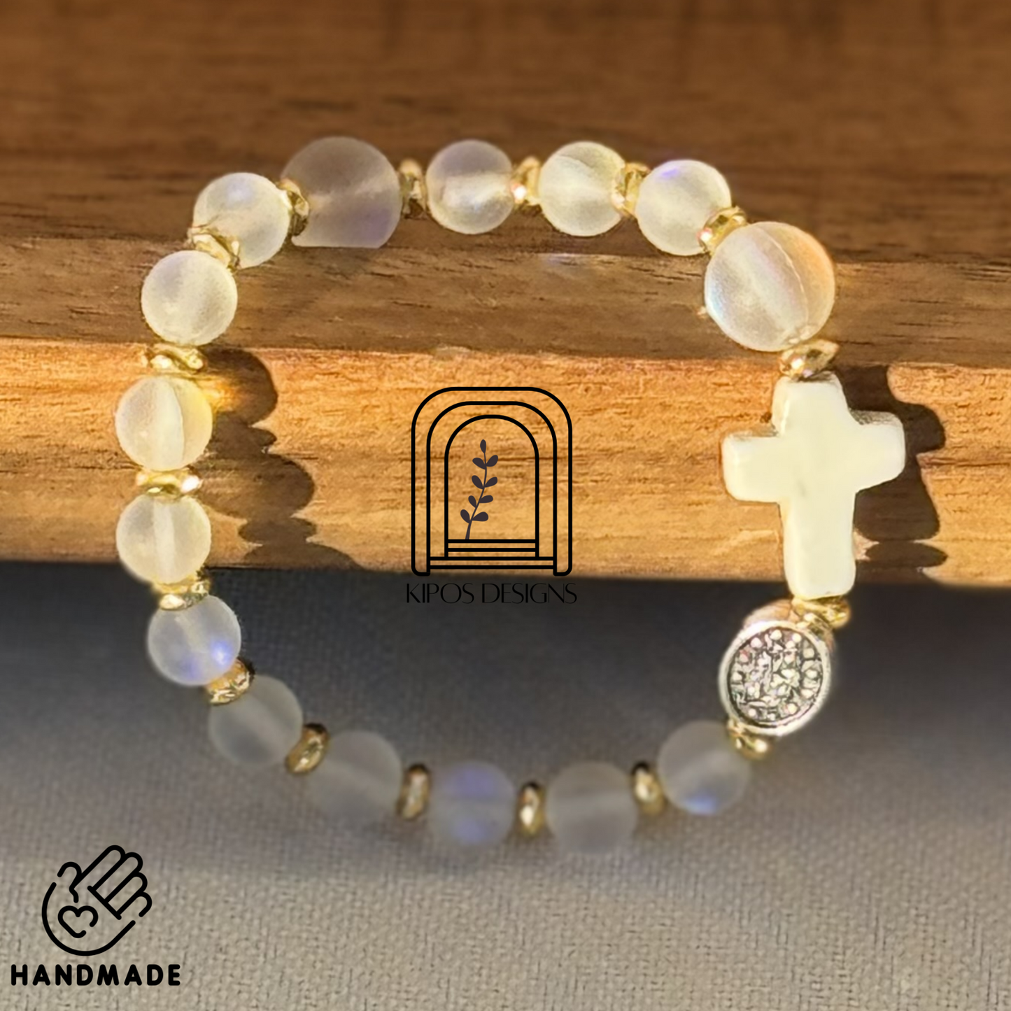 6mm Rainbow Glass Opal Rosary Bracelet with Bright Gold & White Turquoise | Customized Catholic Saint Medal
