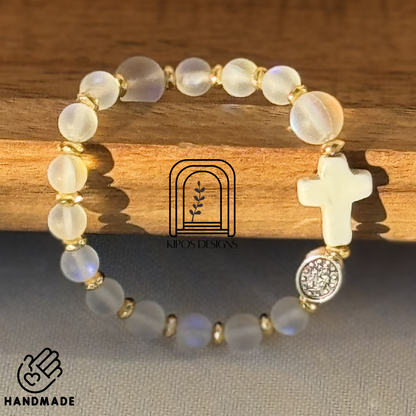 6mm Rainbow Glass Opal Rosary Bracelet with Bright Gold & White Turquoise | Customized Catholic Saint Medal