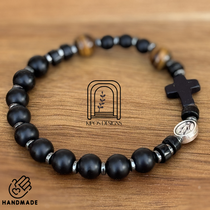 Black Onyx Rosary Bracelet with Tiger Eye & Hematite | Customized Catholic Saint Medal
