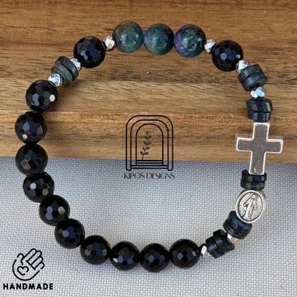 Galaxy Tiger Eye Rosary Bracelet with Faceted Black Onyx & Silver | Customized Catholic Saint Medal