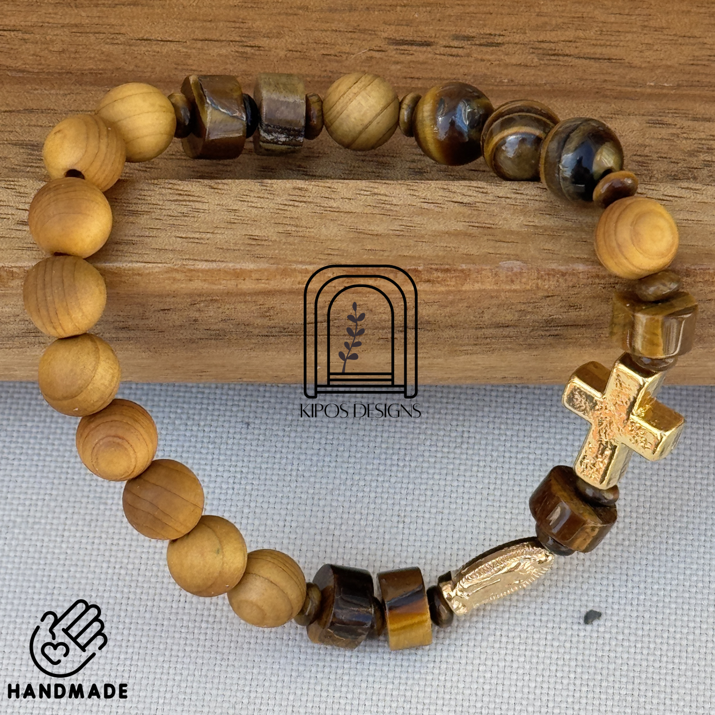 Golden Sandalwood Rosary Bracelet w/ Tiger's Eye & Gold | Customized Catholic Saint Medal