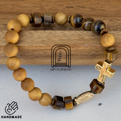 Golden Sandalwood Rosary Bracelet w/ Tiger's Eye & Gold | Customized Catholic Saint Medal