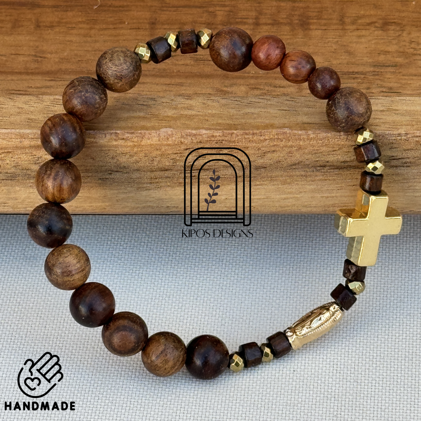 Rosewood Rosary Bracelet with Gold Accents & Gold Cross | Customized Catholic Saint Medal
