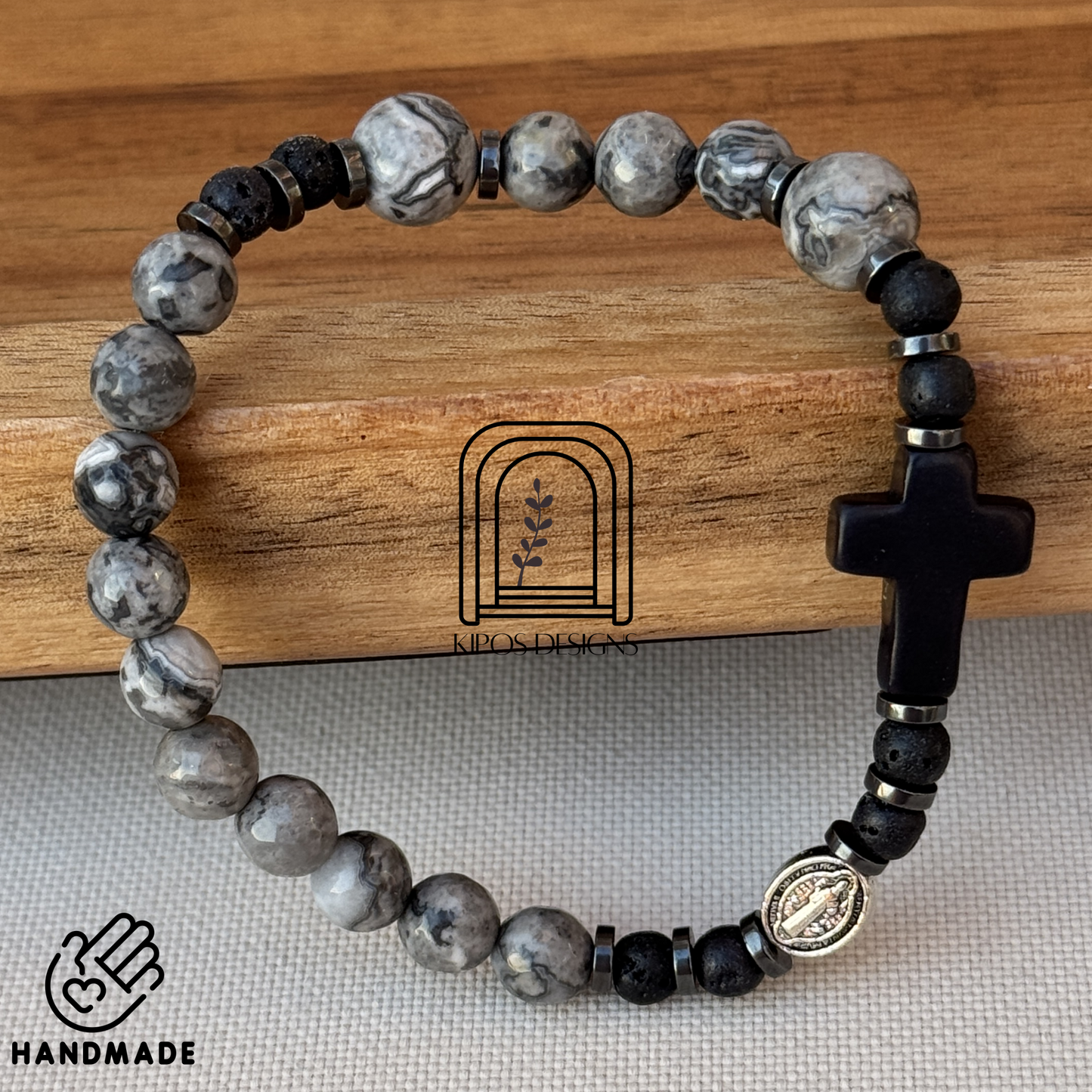6mm Marbled Grey & White Jasper Rosary Bracelet with Black Accents | Customized Catholic Saint Medal