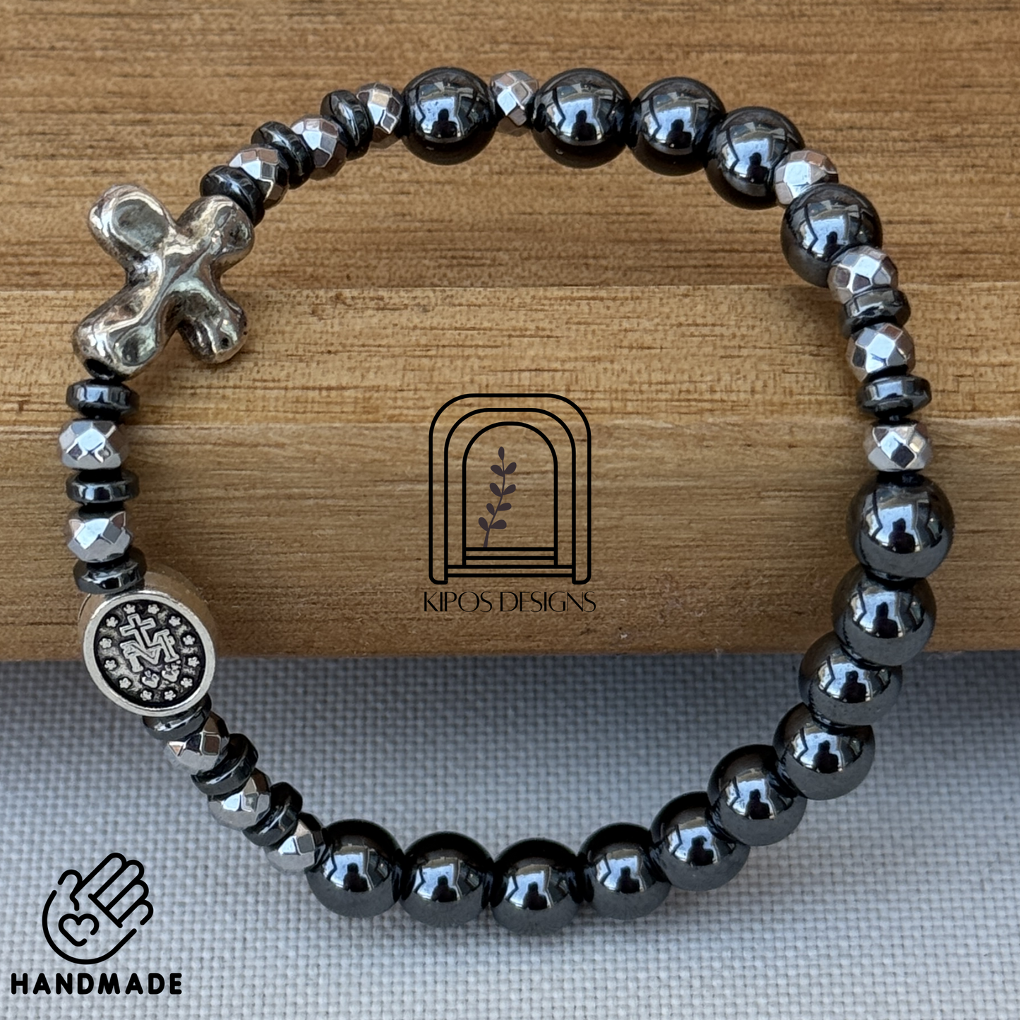 6mm Hematite Rosary Bracelet with Faceted Silver & Hematite Spacers | Customized Catholic Saint Medal