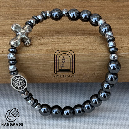 6mm Hematite Rosary Bracelet with Faceted Silver & Hematite Spacers | Customized Catholic Saint Medal