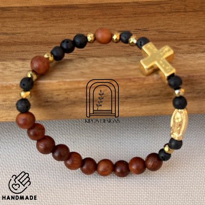 6mm Rosewood Rosary Bracelet with Black Obsidian and Gold accents | Customized Catholic Saint Medal