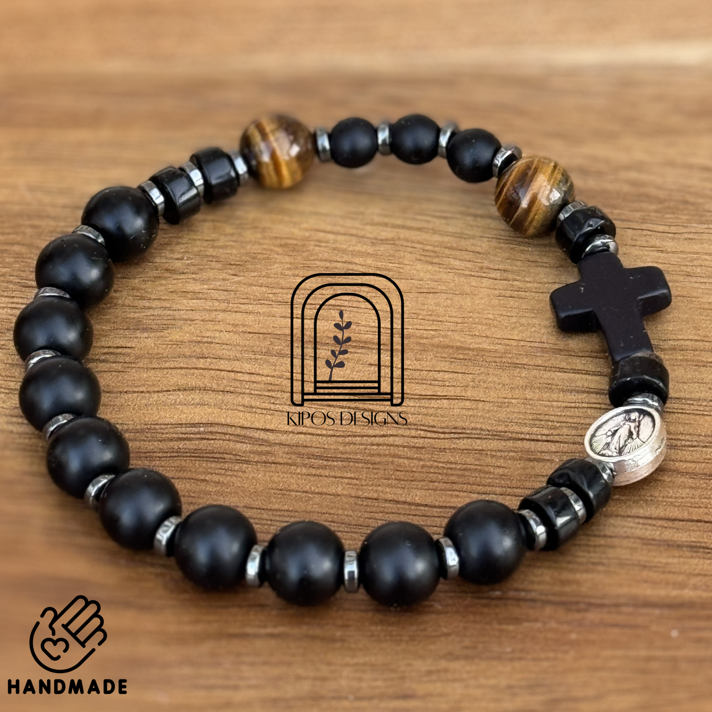 Black Onyx Rosary Bracelet with Tiger Eye & Hematite | Customized Catholic Saint Medal