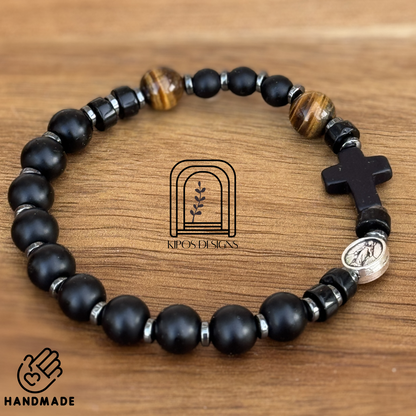 Black Onyx Rosary Bracelet with Tiger Eye & Hematite | Customized Catholic Saint Medal