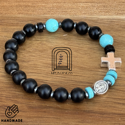 Black Onyx Rosary Bracelet with Turquoise & Hematite | Customized Catholic Saint Medal