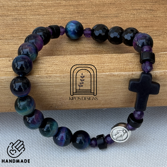 Galaxy Tiger Eye Rosary Bracelet with Faceted Black Onyx & Genuine Amethyst | Customized Catholic Saint Medal