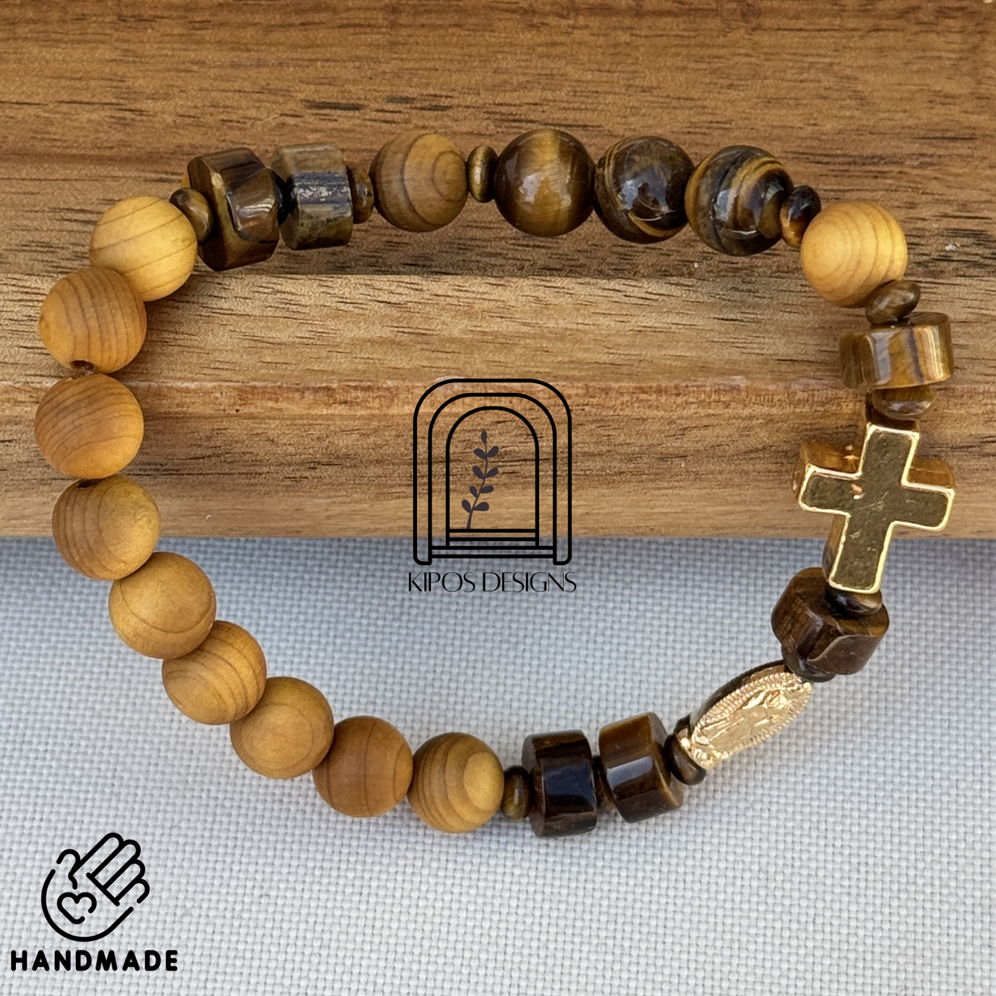 Golden Sandalwood Rosary Bracelet w/ Tiger's Eye & Gold | Customized Catholic Saint Medal