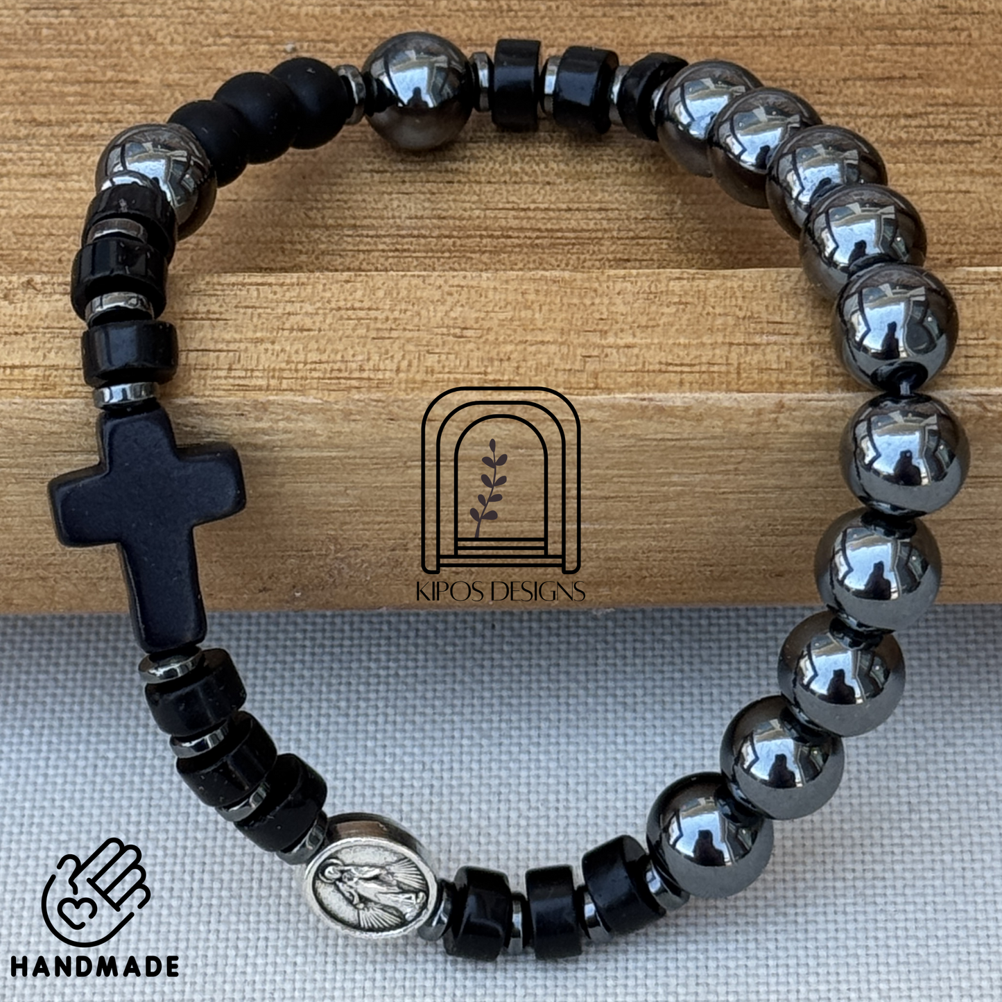 Hematite Rosary Bracelet with Black Onyx & Hematite Spacers | Customized Catholic Saint Medal