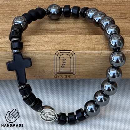 Hematite Rosary Bracelet with Black Onyx & Hematite Spacers | Customized Catholic Saint Medal
