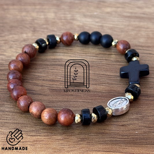 6mm Rosewood Rosary Bracelet with Black Onyx and Gold accents | Customized Catholic Saint Medal