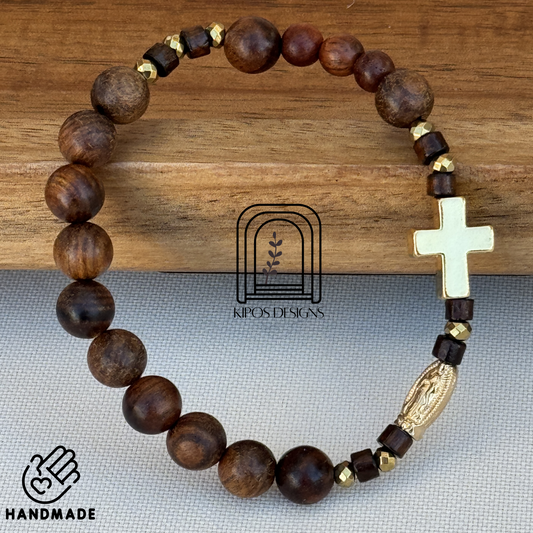 Rosewood Rosary Bracelet with Gold Accents & Gold Cross | Customized Catholic Saint Medal