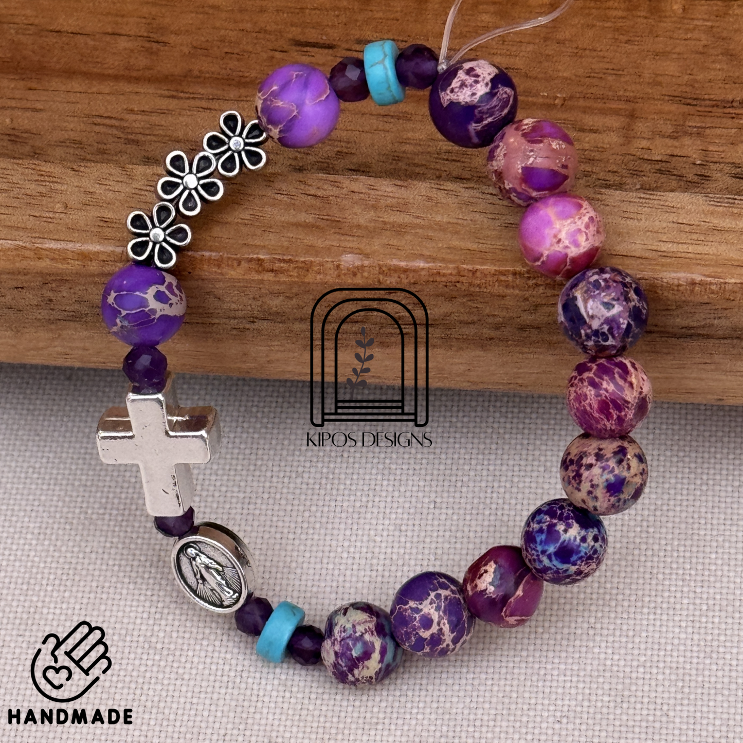 Galaxy Jasper Rosary Bracelet with Genuine Amethysts | Customized Catholic Saint Medal