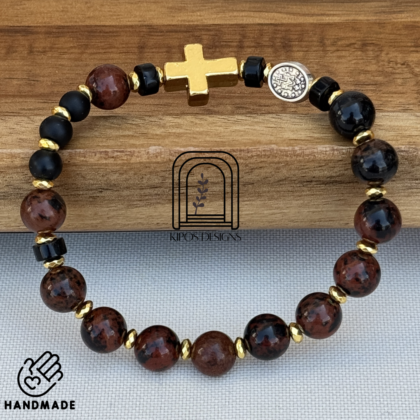 Mahogany Obsidian Rosary Bracelet with Black Onyx & Gold Accents | Customized Catholic Saint Medal