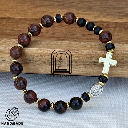 Mahogany Obsidian Rosary Bracelet with Black Onyx & Gold Accents | Customized Catholic Saint Medal