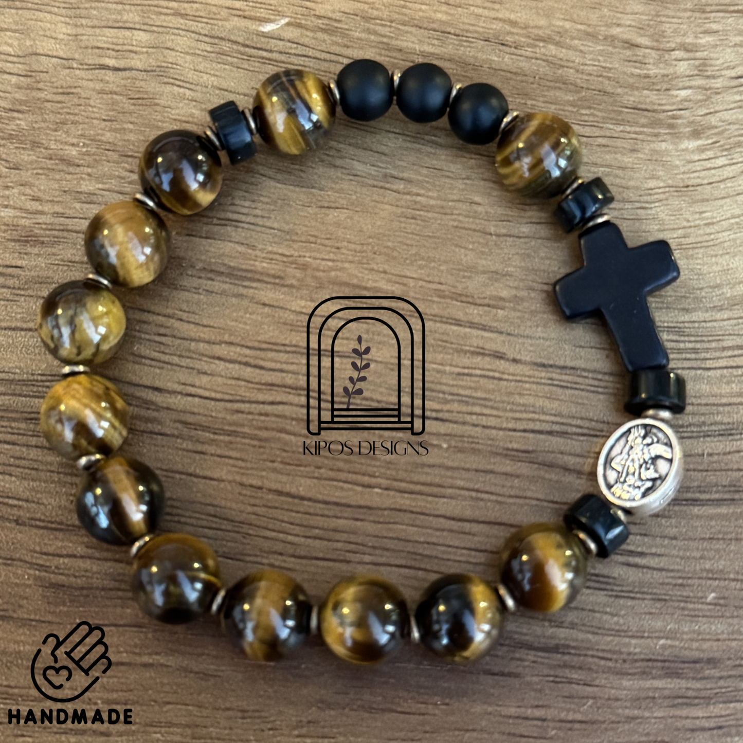 Tiger Eye Rosary Bracelet with Black Onyx & Bronze | Customized Catholic Saint Medal