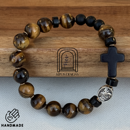 Tiger Eye Rosary Bracelet with Black Onyx & Bronze | Customized Catholic Saint Medal