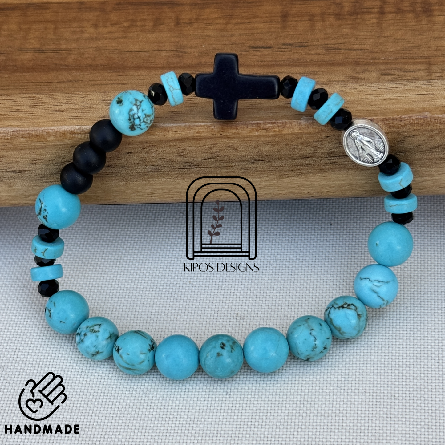 Turquoise Rosary Bracelet with Black Onyx & Faceted Glass Accents | Customized Catholic Saint Medal